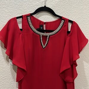BCX Red Cold-Shoulder Short Sleeve Top, Gold Beads & Rhinestones Lined in Black